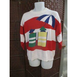 Vintage 80s 90s Women's Sweater Beach Scene Umbrella Chairs Medium 3/4 Sleeve